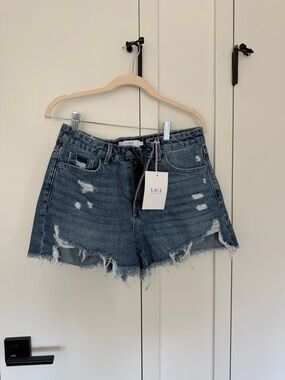 VICI Washed Dark Blue Distressed Denim Cutoff Shorts